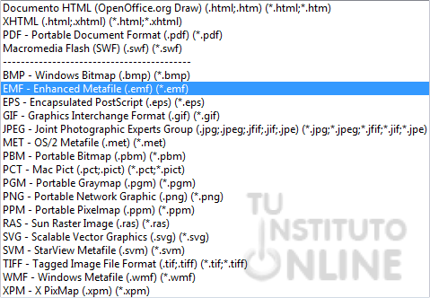 Formatos posibles para la exportación