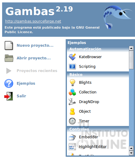Página inicial de Gambas