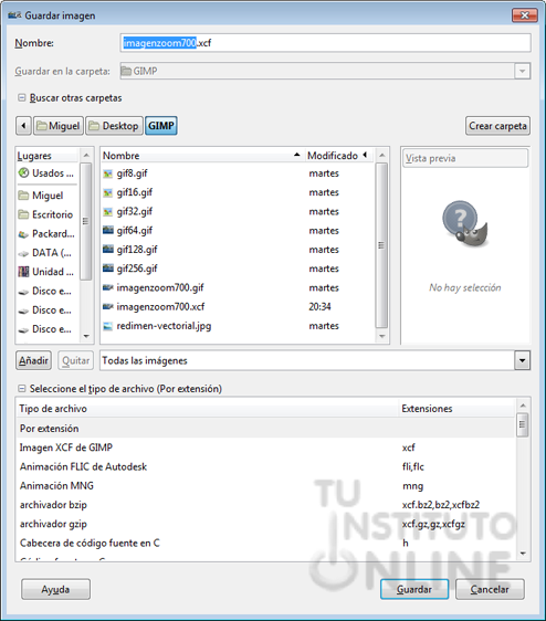 Guadar imagen con opciones abiertas