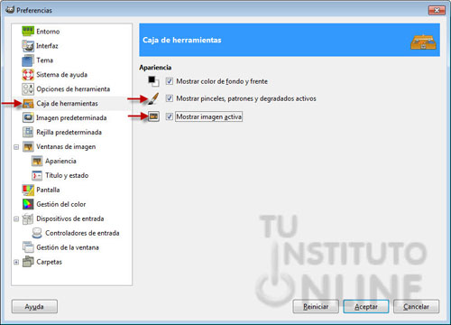 Editar->Preferencias->Caja de herramientas