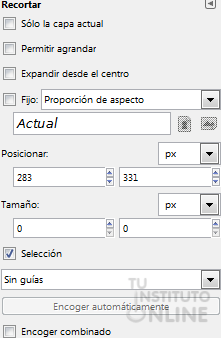 Opciones de la herramienta de recorte