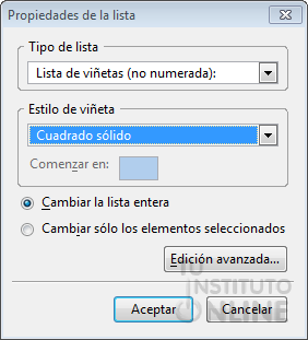 Propiedades de la lista